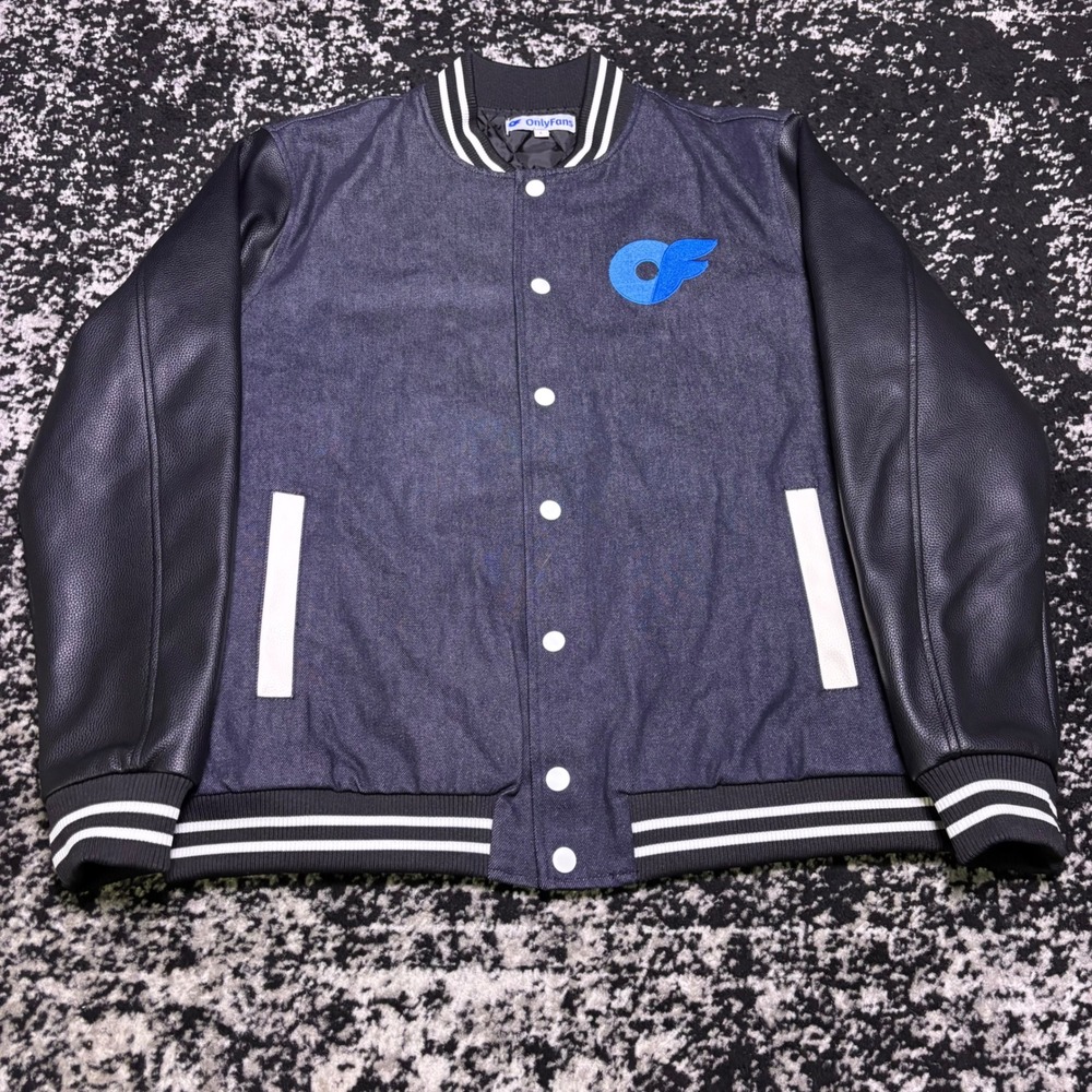 OnlyFans Mens Varsity Jacket Large Denim Faux Leather Sleeve Blue Logo Bomber